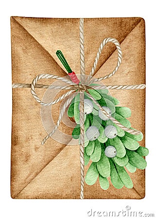 Watercolor vintage envelope decorated mistletoe bouquet. Christmas hand drawn illustated Stock Photo