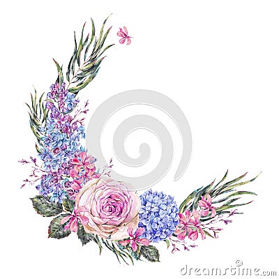 Watercolor vintage floral wreath with roses, lilac, blue hydrangea and wildflowers Cartoon Illustration