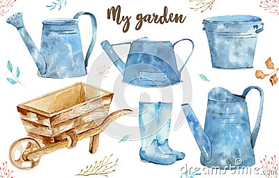 Watercolor vintage gardening tools rusty tin watering can for watering flowers, garden car, galoshes. Hand drawn Cartoon Illustration