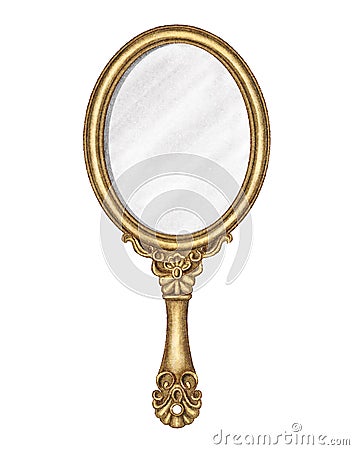 Watercolor vintage golden oval hand mirror Cartoon Illustration