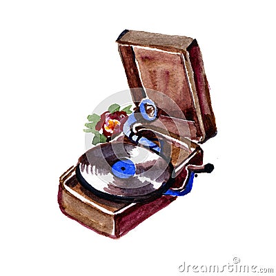 Watercolor vintage gramophone isolated on white background. Retro musical instruments Stock Photo