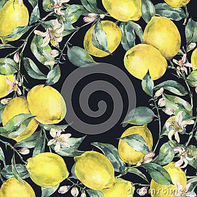 Watercolor vintage greeting card, branch of yellow fruit lemon Stock Photo