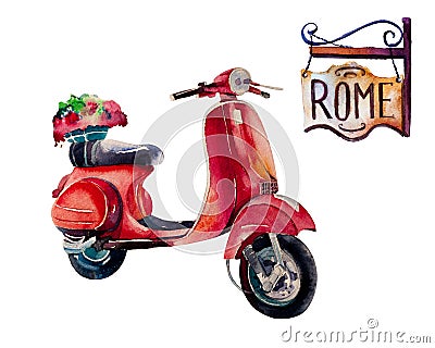 Watercolor Vintage Hippie travel scooter, isolated on white Stock Photo