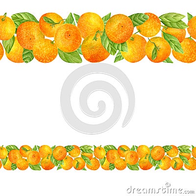 Watercolor vintage horizontal seamless border with juicy tangerines. Hand painted citrus orange fruits and green leaves isolated Stock Photo