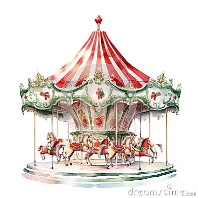 Watercolor vintage horse merry-go round, carnival carousel Cartoon Illustration