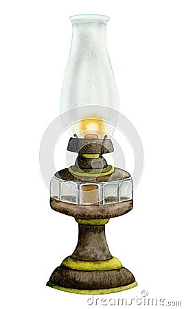 Watercolor vintage kerosene lamp made of wood, metal and glass illustration. Old lantern clipart for travel journals Cartoon Illustration