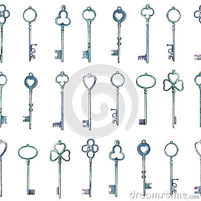 Watercolor vintage metal keys drawn by hands seamless pattern Stock Photo