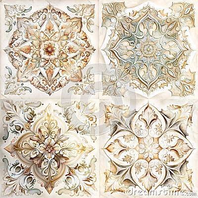 Watercolor vintage mosaic tile background. Abstract floral azulejo pattern in spanish or moroccan style. Generative AI Stock Photo