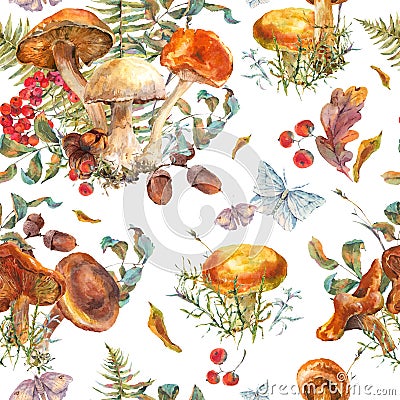 Watercolor vintage mushrooms seamless pattern. Cartoon Illustration