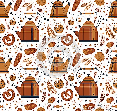 Watercolor vintage pastry seamless pattern with illustration of bakery products in cartoon style isolated on white Cartoon Illustration