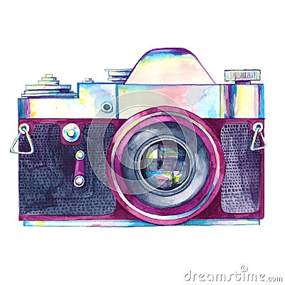 Watercolor vintage photo camera isolated Cartoon Illustration