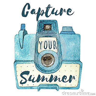 Watercolor vintage photo camera with quote isolated on white background. Capture your Summer Cartoon Illustration