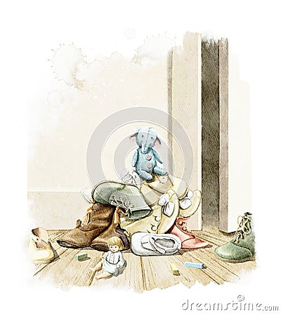 Watercolor vintage pile of children`s boots and toys Cartoon Illustration