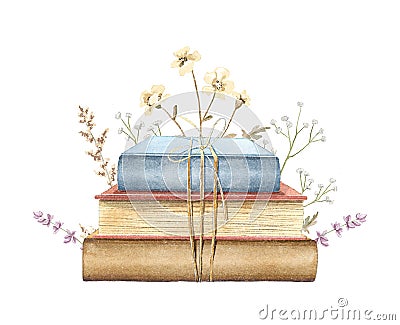 Watercolor vintage retro pile of books in different colors with meadow dried flowers Cartoon Illustration
