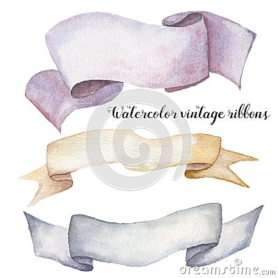 Watercolor vintage ribbons set. Hand painted banners isolated on white background. Old grunge texture for design, print. Stock Photo