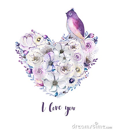 Watercolor vintage rose floral piony heart bouquet. Boho spring Stock Photo