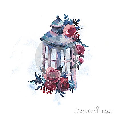 Watercolor Vintage Rust Shabby Lantern with Deep Red Rose Stock Photo