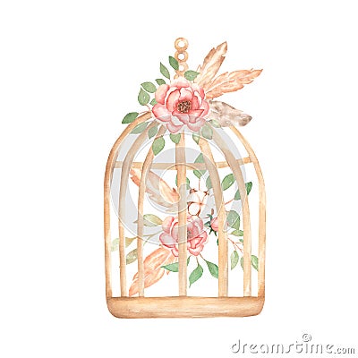 Watercolor vintage rusty cage with peony, feathers, cotton and green leaves bouquet. Retro flowers illustration, cage clipart. Cartoon Illustration