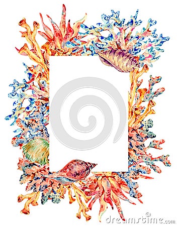 Watercolor vintage sea life natural frame, underwater summer illustration, shells and seaweed Cartoon Illustration