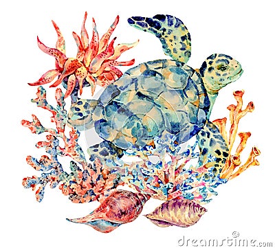 Watercolor vintage sea life natural greeting card Cartoon Illustration