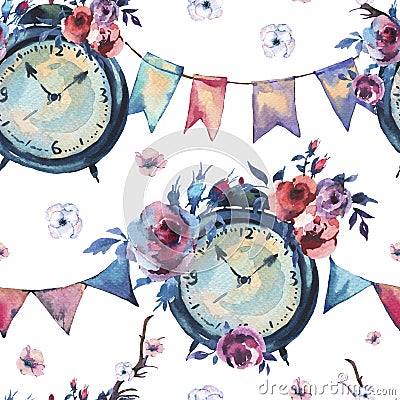 Watercolor Vintage Seamless Pattern with Alarm Clock, Flowers in Stock Photo