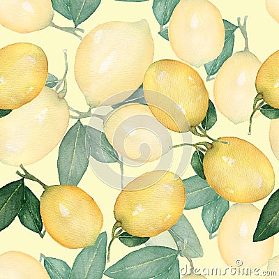 Watercolor vintage seamless pattern, branch of fresh citrus yellow fruit lemon, green leaves. Natural illustration isolated on Cartoon Illustration