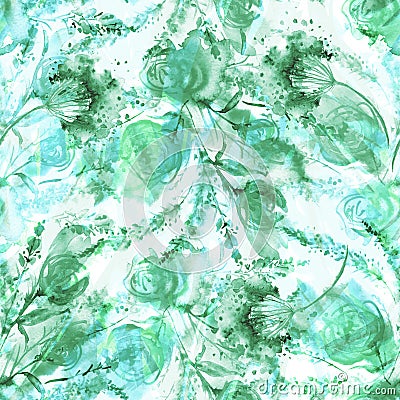 Watercolor vintage seamless pattern, floral pattern, green roses, buds, branch. Plants, flowers, grass Stock Photo