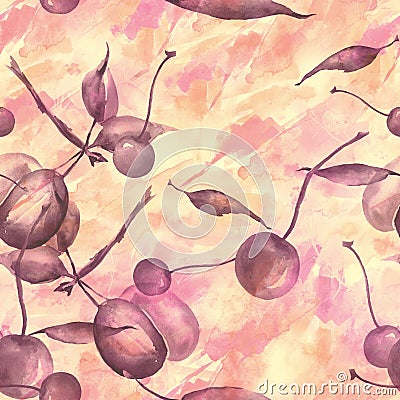 Watercolor, vintage, seamless pattern - plum branch, cherry berry, leaf. Sprig plums with leaves Stock Photo