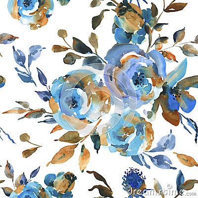 Watercolor vintage seamless pattern with turquoise roses, wildflowers. Natural blue floral texture on white background Cartoon Illustration