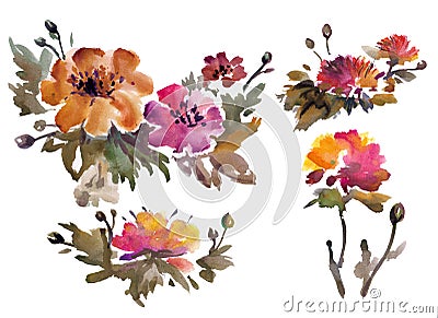 Watercolor vintage set of yellow pink flowers Stock Photo