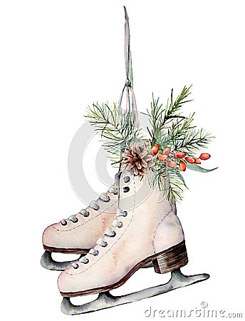 Watercolor vintage skates with Christmas decor. Hand painted white skates with fir branches, berries and fir cone Stock Photo