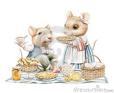 Watercolor cartoon composition with pair mice animals on picnic Cartoon Illustration
