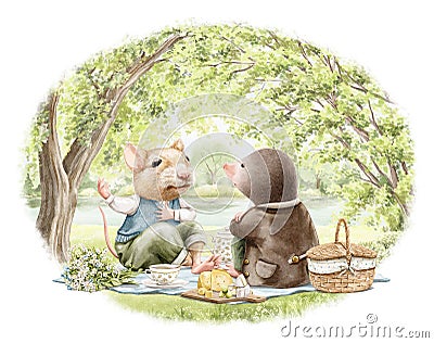 Watercolor cartoon composition with mouse and mole animals on picnic Cartoon Illustration