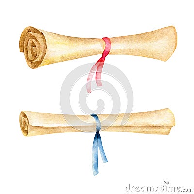 Watercolor vintage swirls with red and blue ribbon isolated on a white background. Cartoon Illustration