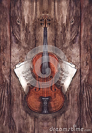 Watercolor vintage violin fiddle musical instrument with music notes on wooden texture background Stock Photo