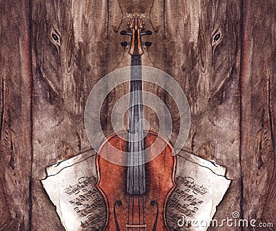 Watercolor vintage violin fiddle musical instrument with music notes on wooden texture background Stock Photo