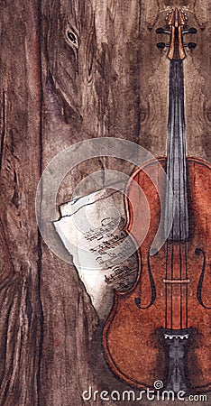 Watercolor vintage violin fiddle musical instrument with music notes on wooden texture background Stock Photo