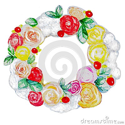 Watercolor vintage wreath with different flowers Stock Photo