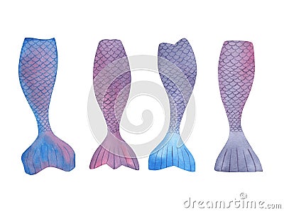 Watercolor Violet Blue mermaid tails on white background Stock Photo