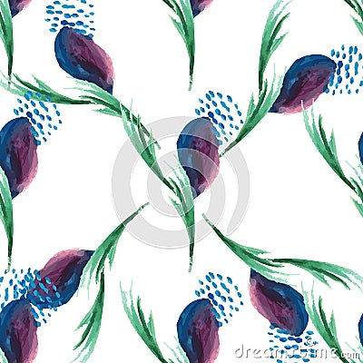 Watercolor violet floral seamless vector pattern on white Vector Illustration