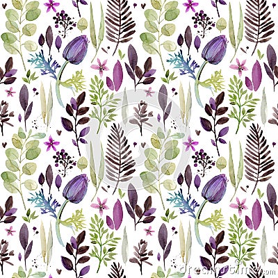 Watercolor violet flowers seamless pattern. Cartoon Illustration