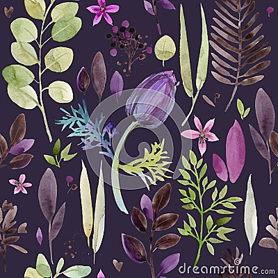 Watercolor violet flowers seamless pattern. Cartoon Illustration