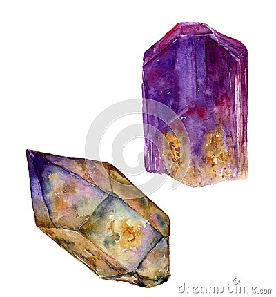 Watercolor violet gem set. Amethyst and rauchtopaz stones isolated on white background. For design, prints or background Stock Photo