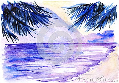 Watercolor violet ocean beach sunset palms landscape Stock Photo