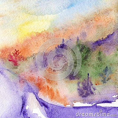 Watercolor violet road trees pines wood forest landscape Stock Photo