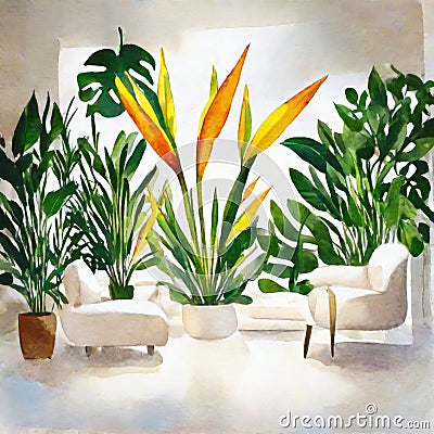 Watercolor of Vivid living room featuring a gigantic white bird of paradise plant placed on the Stock Photo