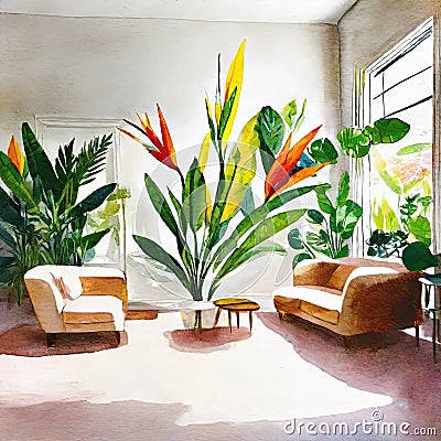 Watercolor of Vivid living room featuring a gigantic white bird of paradise plant placed on the Stock Photo