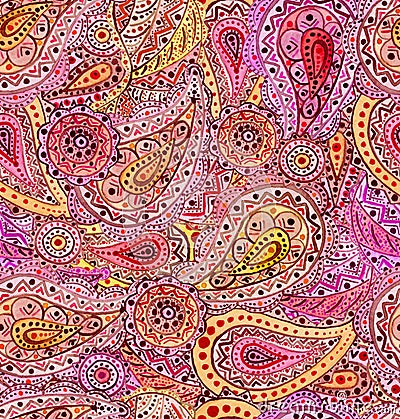 Watercolor Vivid Paisley And Mandala Seamless Pattern Stock Photo