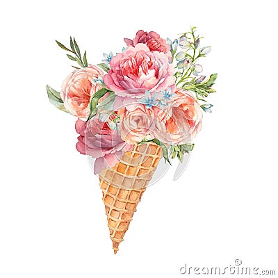 Waffle cone with flowers Cartoon Illustration