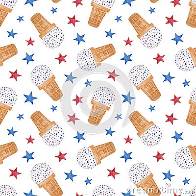 Watercolor waffle cone ice cream seamless pattern. Hand drawn dessert with red and blue confetti and stars isolated on Stock Photo